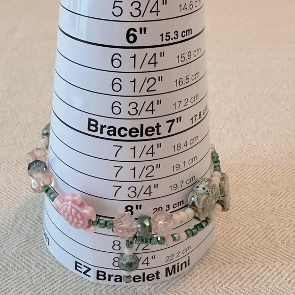 Handmade Pink & Green Ceramic Turtle Flowers Memory Wire Bracelet & Earrings Set - Picture 8 of 9